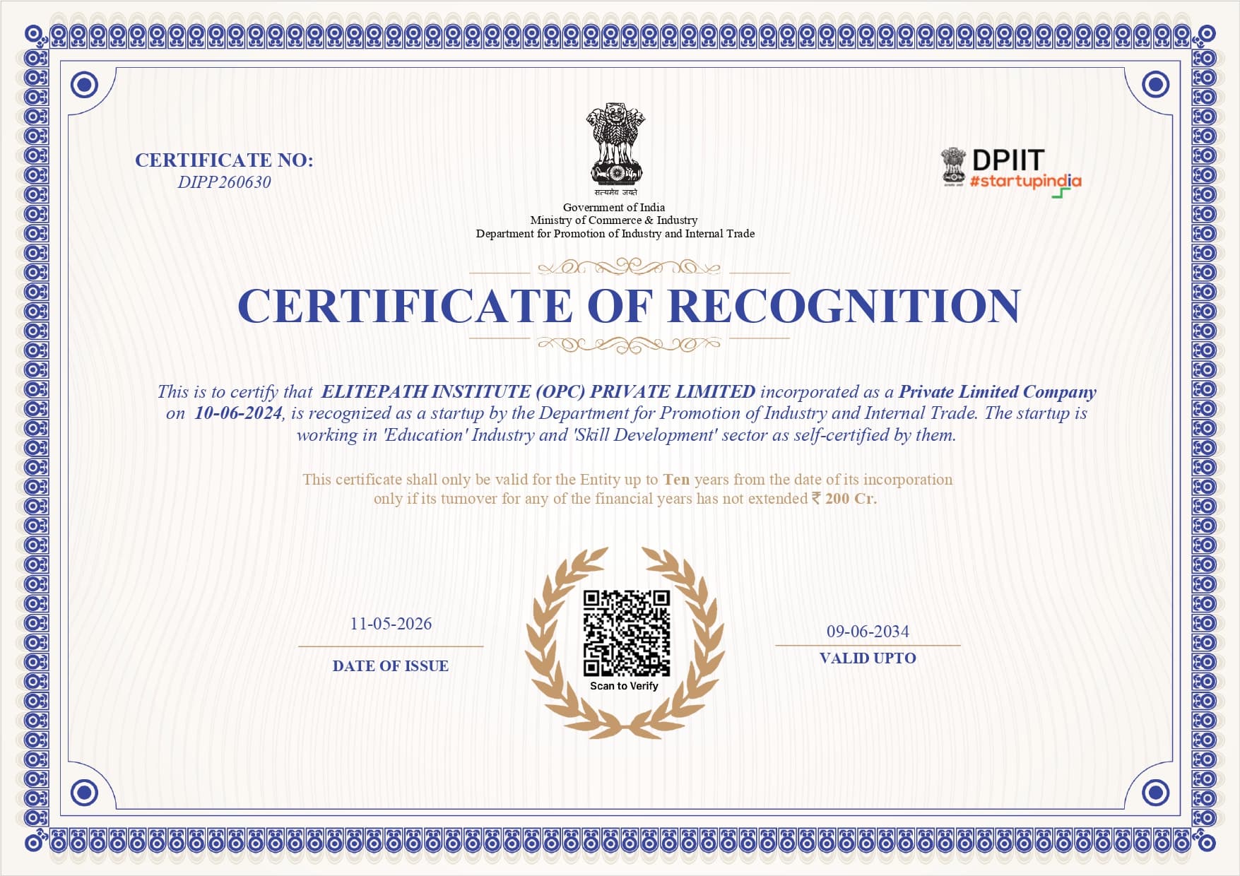 Elitepath Institute Startup Certificate